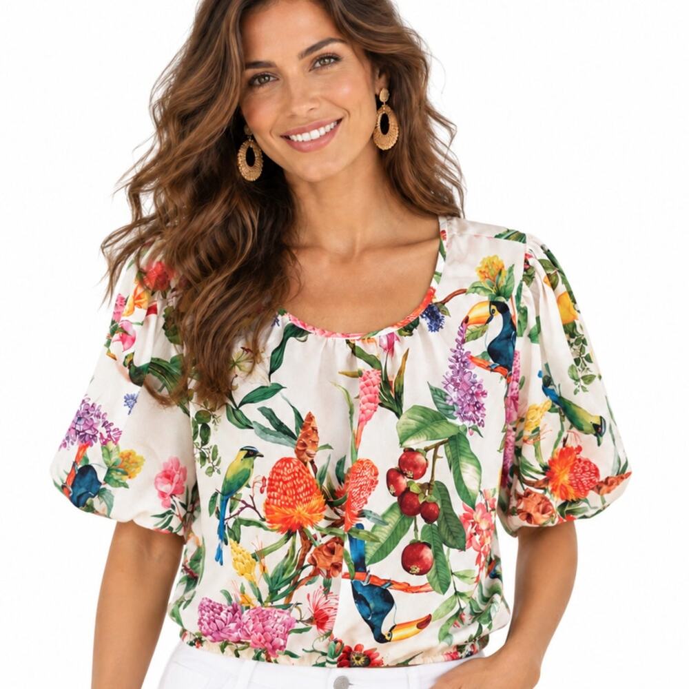 Calypso St. Barth Tropical Top Womens Small Exotic Birds Fruit Floral Crop